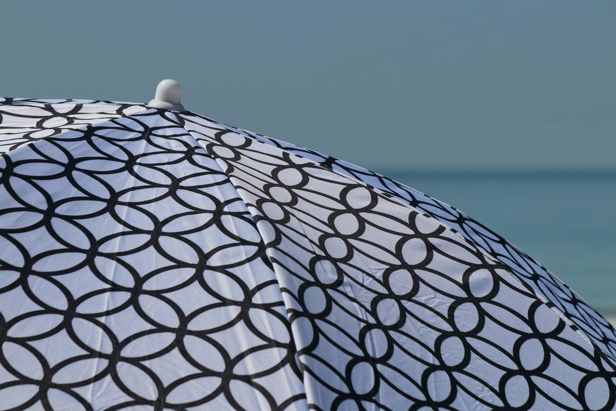 Chart comparing water resistance levels of common beach umbrella fabrics: cotton (low), polyester (medium), 600D polyester with PU coating (high)