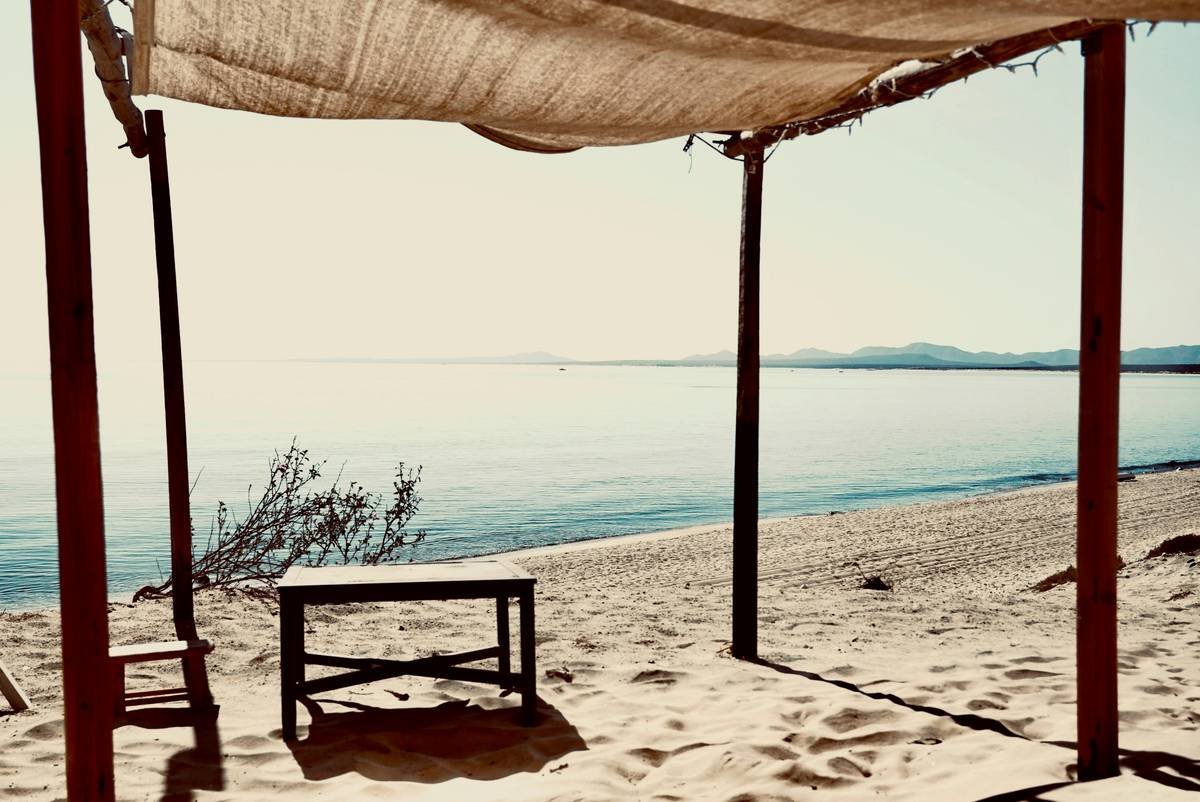 Comparison of three beach umbrellas with attached tables showing stability in wind, surface area, and sand anchor depth